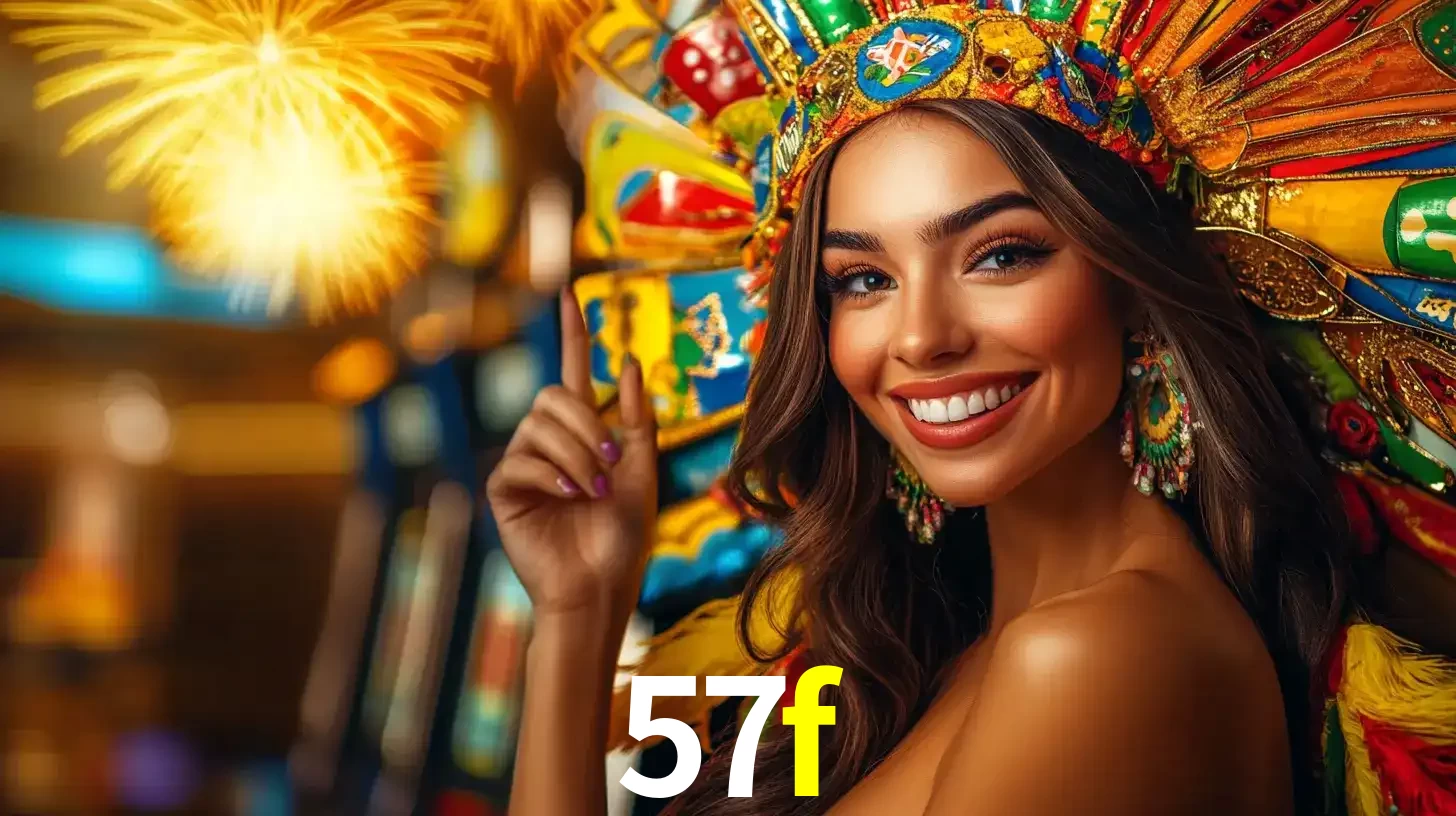Mulher sorridente com um cocar de carnaval vibrante e colorido, celebrando uma grande vitória nos jogos do cassino 57f com fogos de artifício ao fundo.