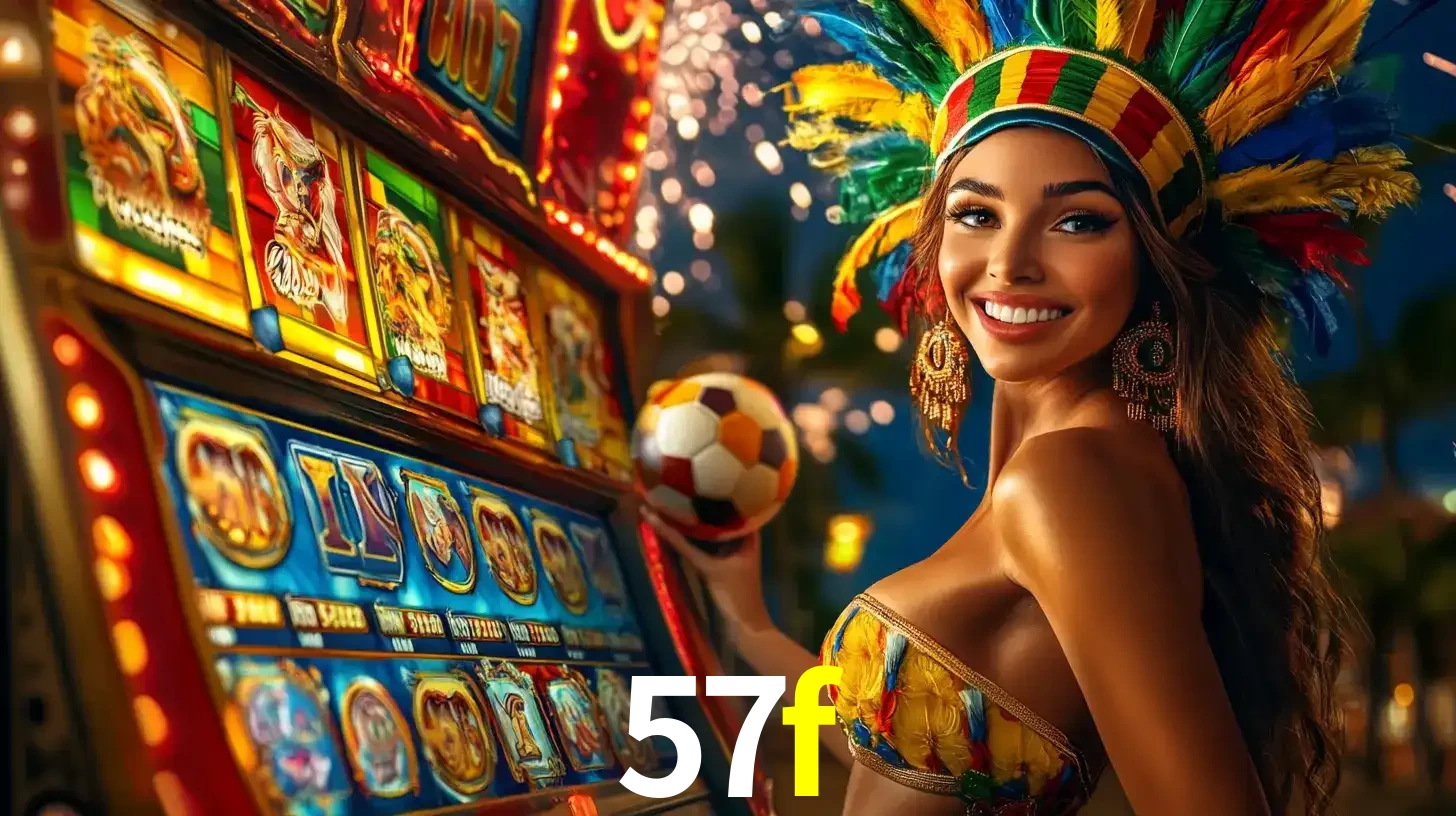 Mulher com um cocar de carnaval ao lado de uma máquina de caça-níqueis enquanto segura uma bola de futebol, mostrando a união da diversão de cassino e esportes no 57f.