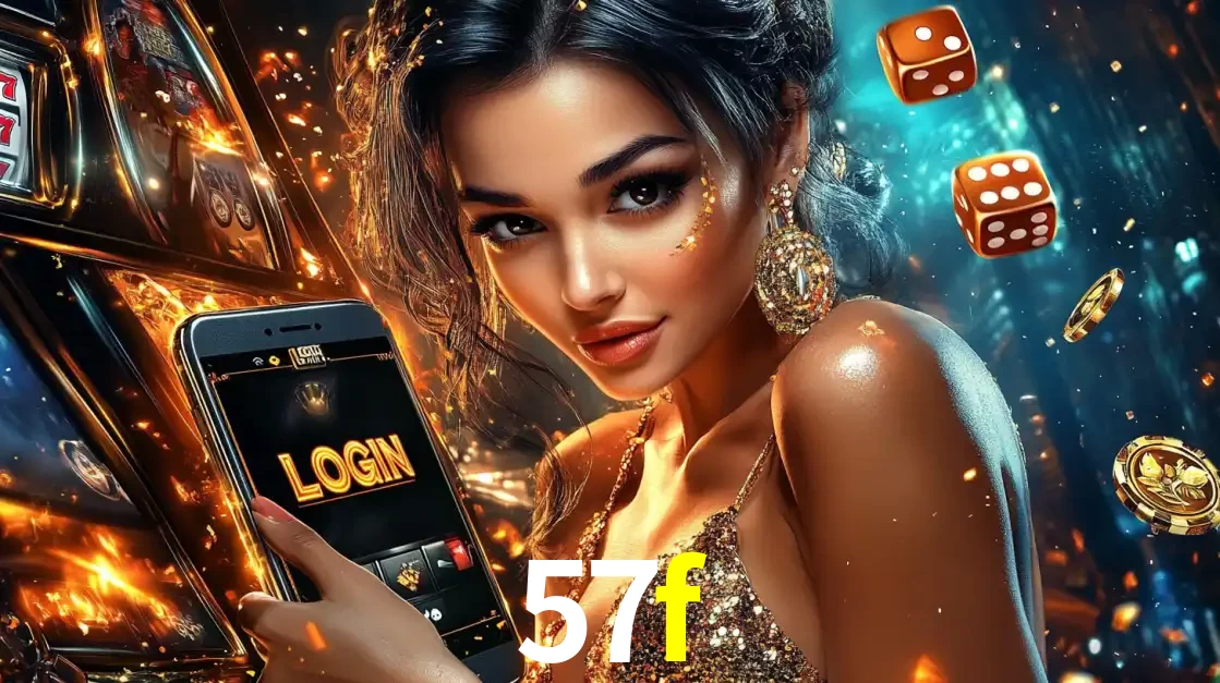 Mulher glamourosa segurando um celular com a tela de login do cassino 57f, rodeada por dados e moedas douradas, pronta para começar a diversão.