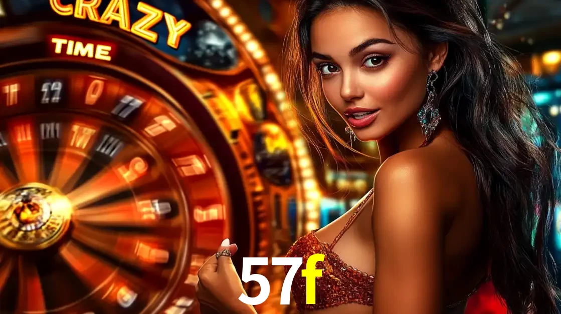Mulher ao lado da roda de prêmios do jogo de cassino ao vivo Crazy Time, um dos shows de jogos mais emocionantes oferecidos pela plataforma de apostas 57f.