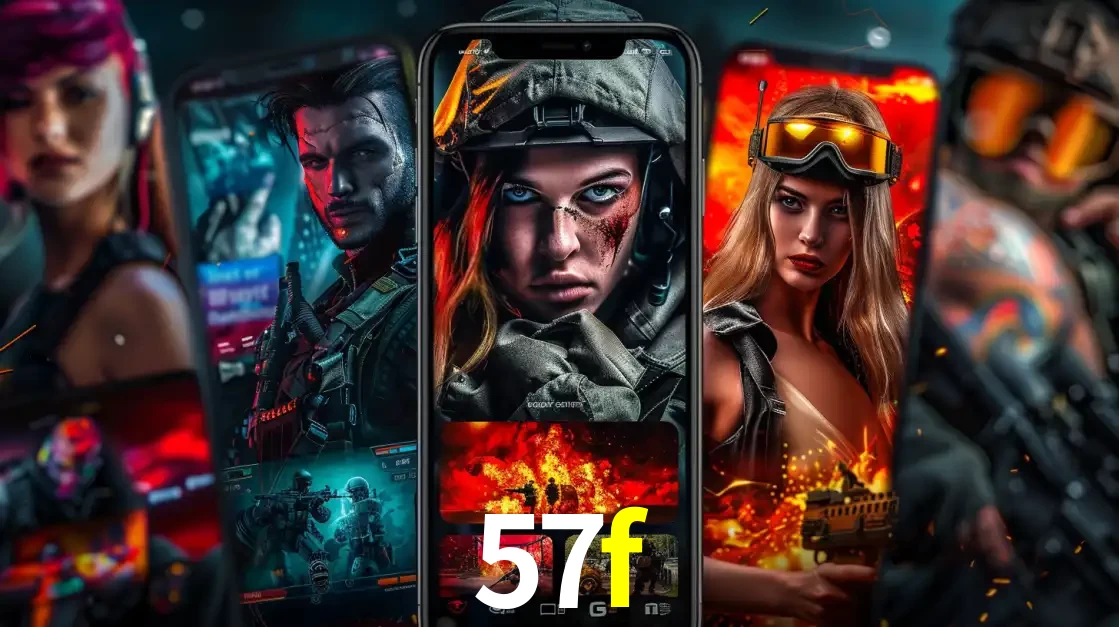 Montagem de telas de celular mostrando diversos personagens, masculinos e femininos, de um jogo de tiro, ilustrando a diversidade de equipes de e-sports para apostar no 57f.