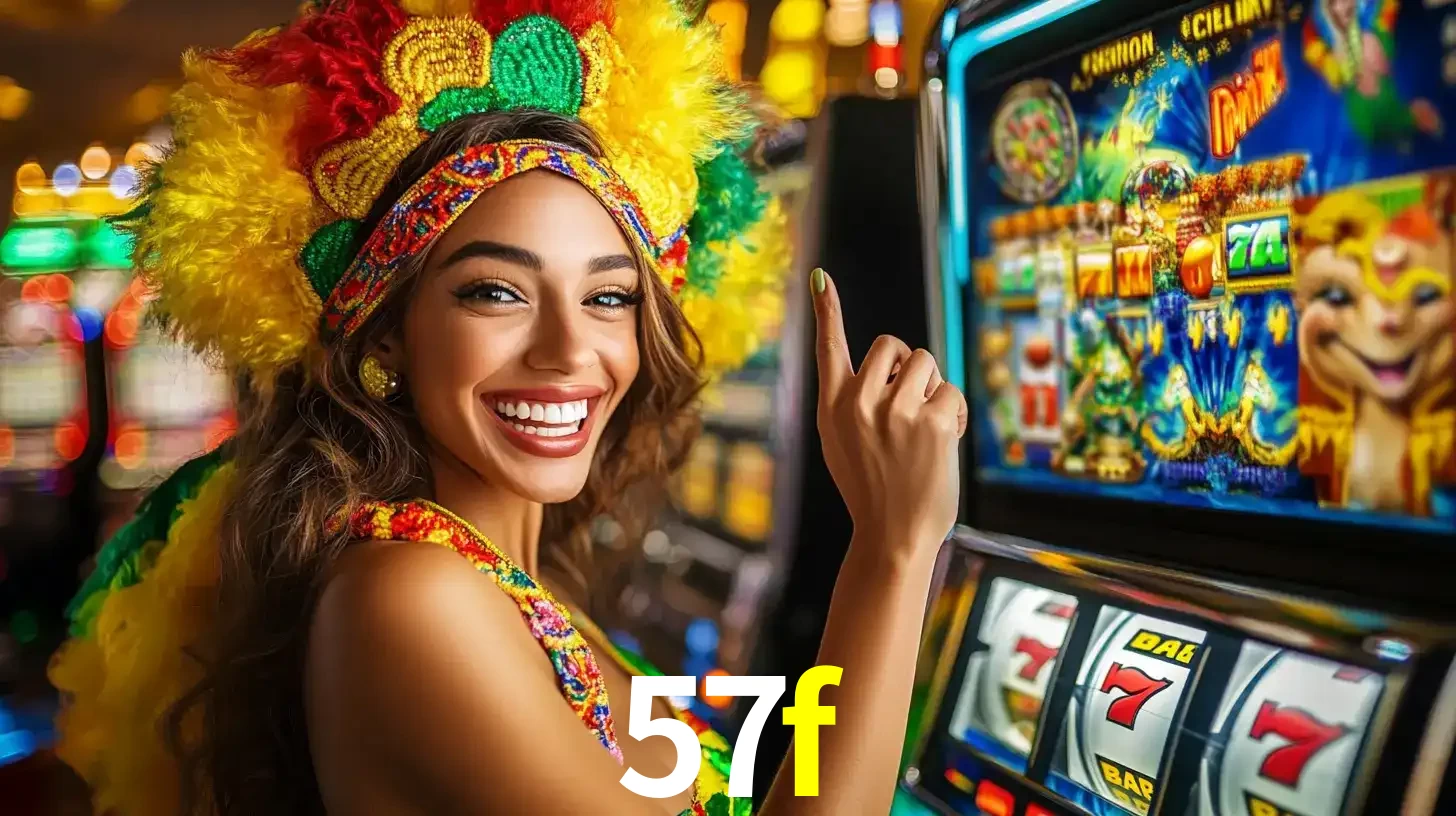Mulher animada com um cocar de carnaval apontando para uma máquina de caça-níqueis, mostrando a emoção de ganhar um grande prêmio nos jogos do 57f.