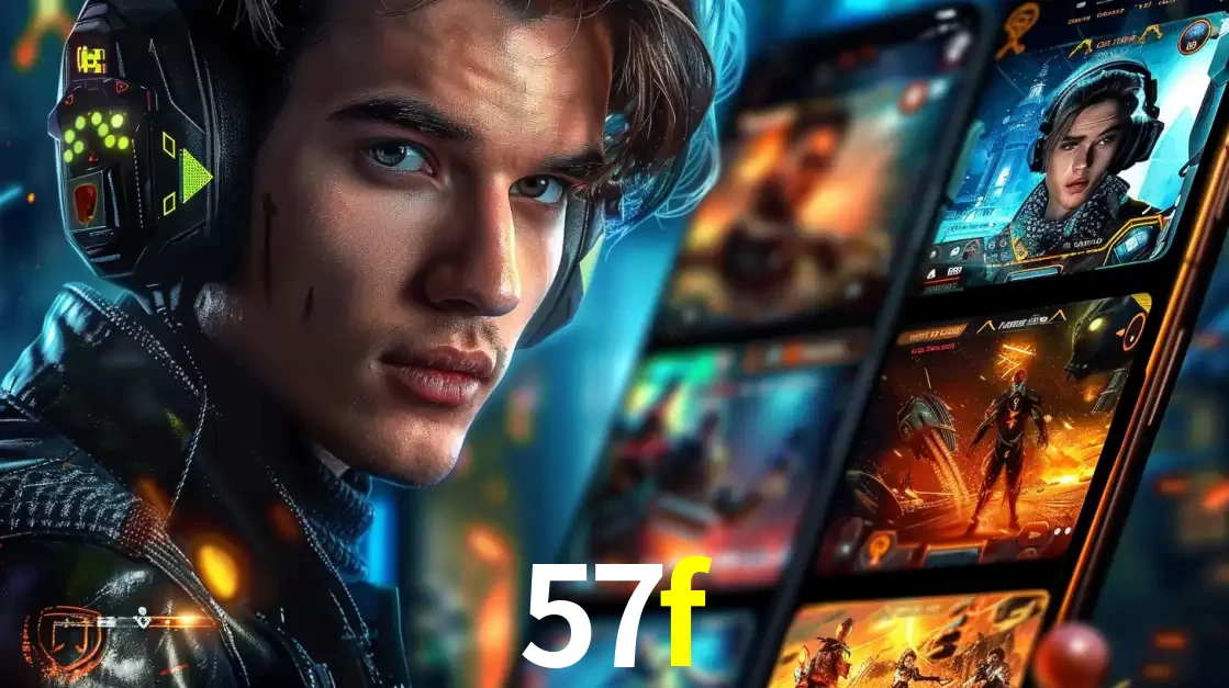 Jovem jogador com fones de ouvido olhando para a câmera, com um aplicativo de jogos e e-sports para celular ao fundo, pronto para a competição e apostas no 57f.