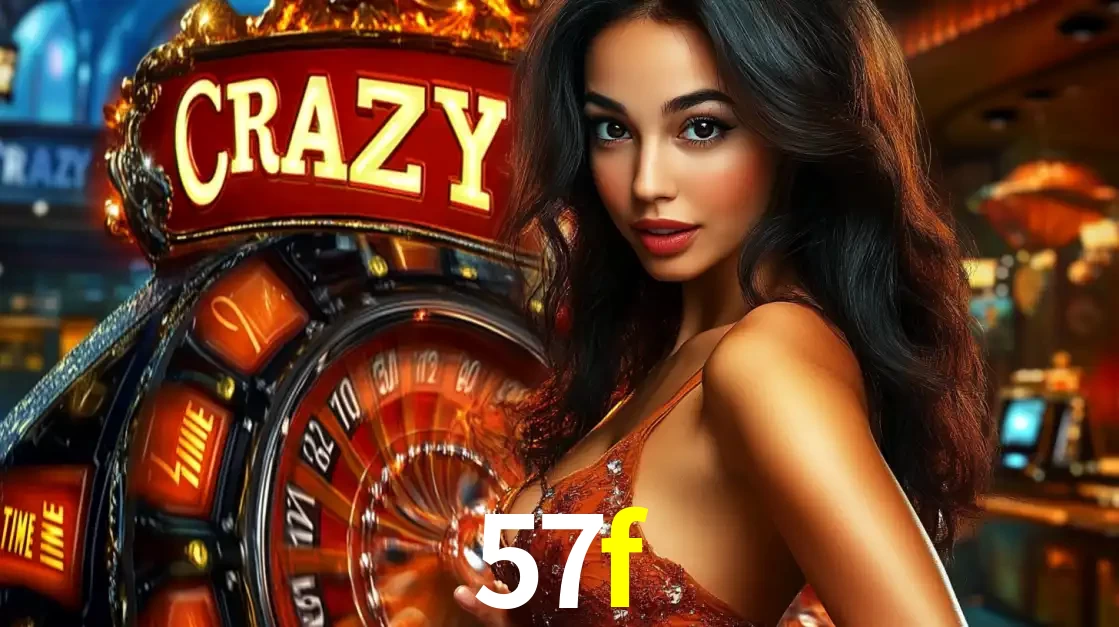 Mulher glamourosa olhando para a câmera com a roda vermelha do Crazy Time ao fundo em um ambiente de cassino, destacando a emoção dos jogos ao vivo no 57f.