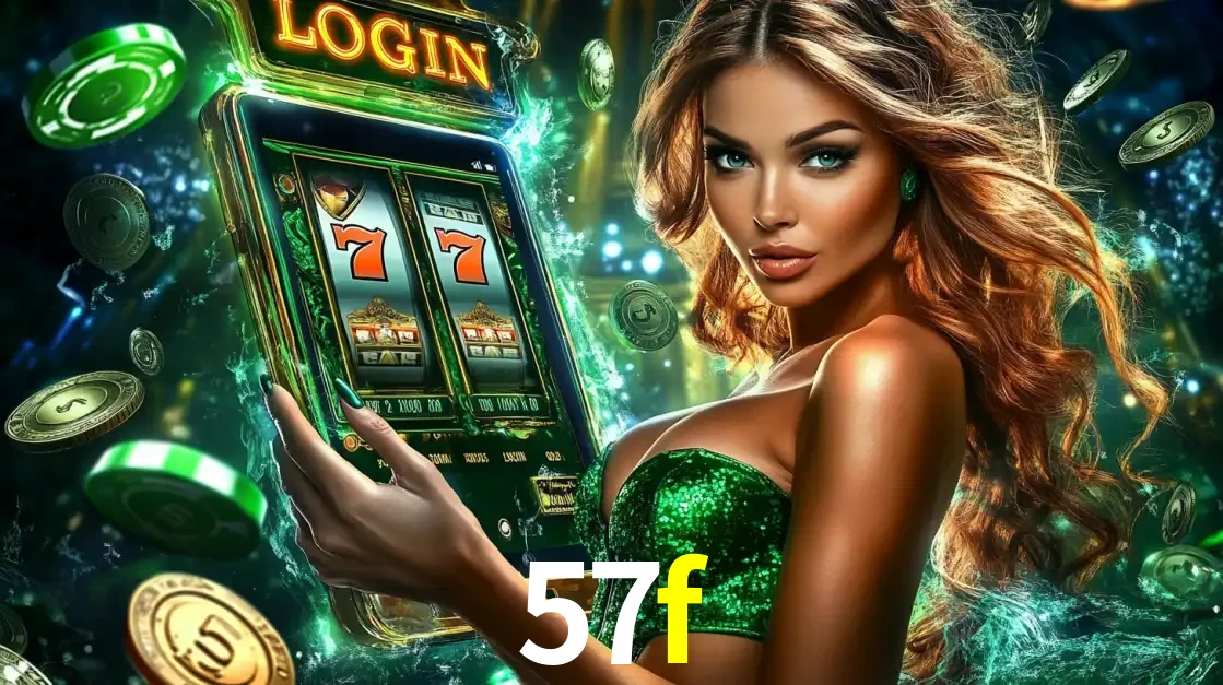 Mulher com tema verde apresentando o aplicativo do cassino 57f com um jogo de slot de 777, cercada por fichas de cassino e uma aura de sorte.