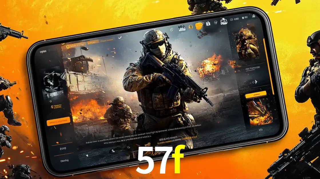 Um smartphone exibindo a interface de um jogo de tiro em primeira pessoa, com um soldado em um cenário de batalha, representando a ação dos e-sports para apostar no 57f.