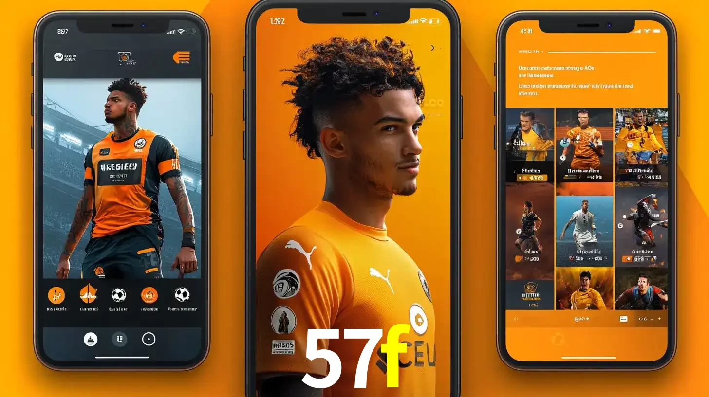Interface do aplicativo de apostas esportivas 57f em três telas de celular, mostrando o perfil de um jogador de futebol e a lista de jogos disponíveis para apostar.