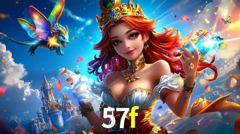 A princesa de um reino de fantasia mágico, com seu pequeno dragão, apresentando um mundo de prêmios encantados nos jogos de caça-níqueis do cassino 57f.