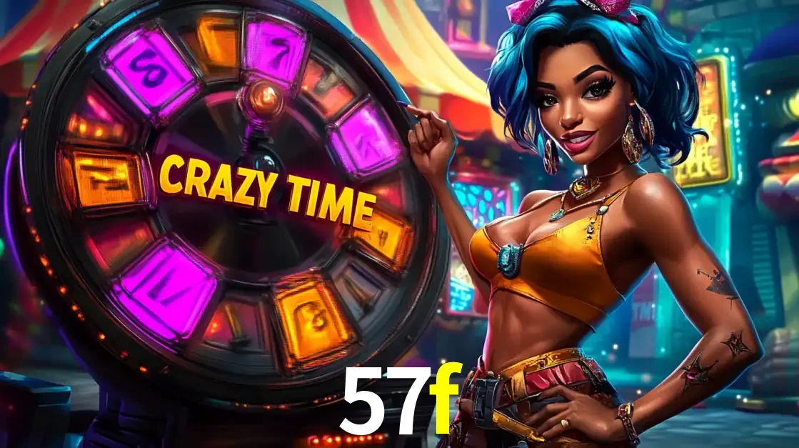 Mulher estilizada com cabelo azul e visual vibrante posando ao lado da roda de prêmios do game show Crazy Time, convidando para a diversão e os bônus do cassino 57f.