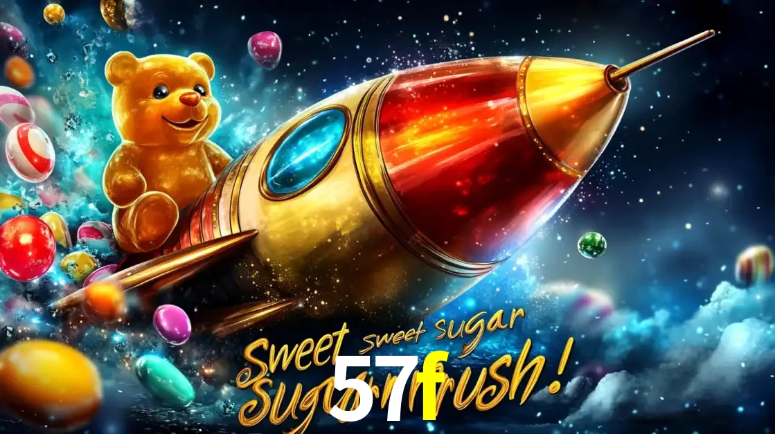 Arte promocional do jogo de slot Sugar Rush, com um urso de pelúcia em um foguete viajando pelo espaço de doces, um dos jogos divertidos disponíveis no cassino 57f.