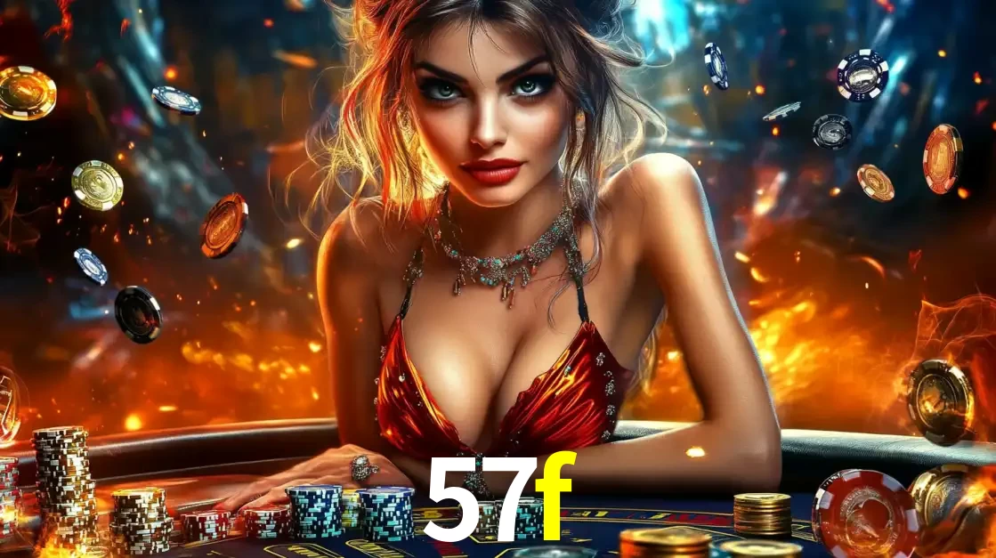Mulher em uma mesa de cassino com pilhas de fichas e um fundo de fogo, pronta para uma rodada de altas apostas nos jogos de mesa emocionantes do cassino 57f.