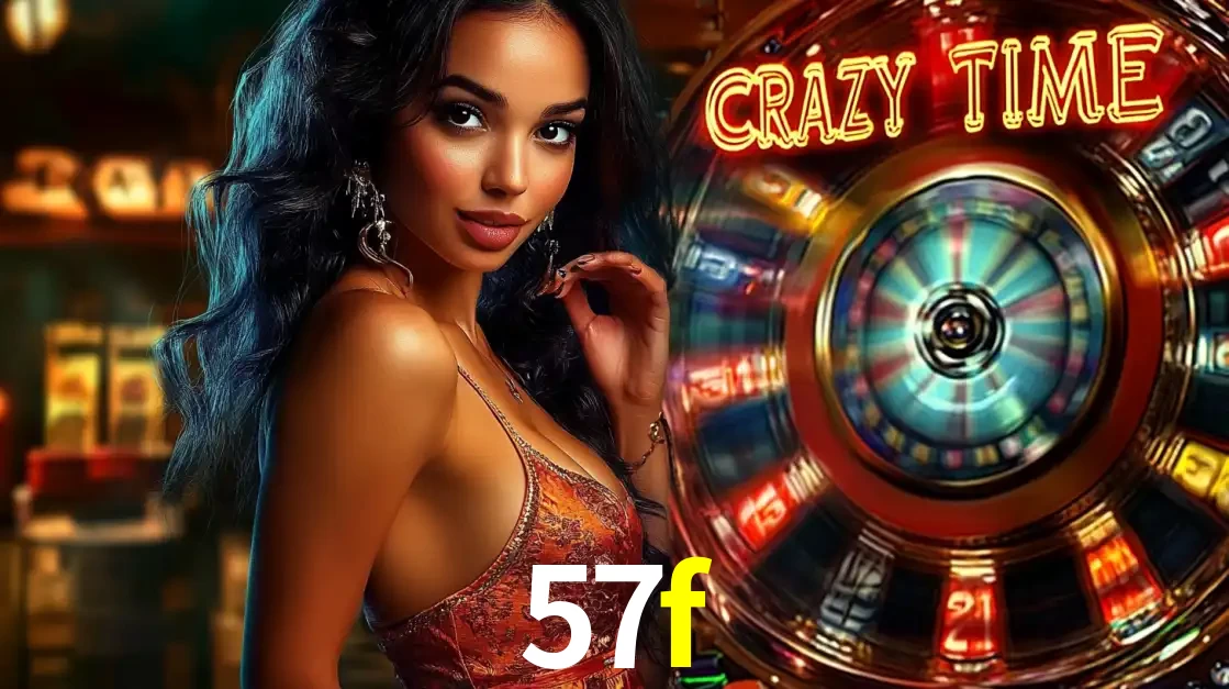 Mulher elegante ao lado da vibrante roda da fortuna do jogo de cassino ao vivo Crazy Time, um dos game shows mais populares e cheios de prêmios do 57f.