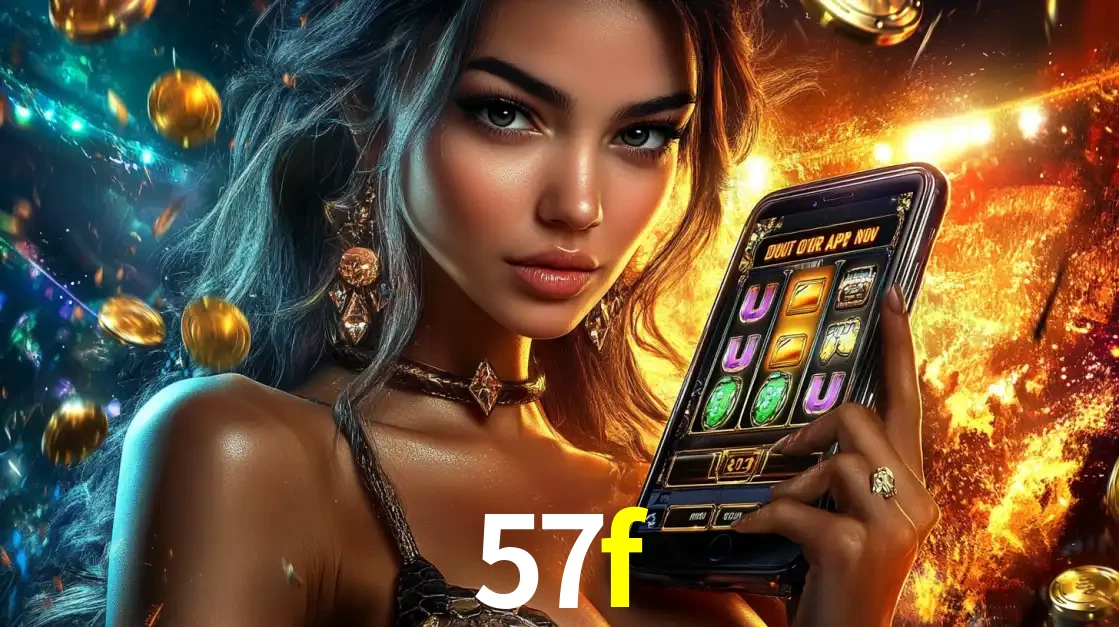 Mulher elegante mostrando um jogo de caça-níqueis em seu smartphone, destacando a experiência de cassino móvel oferecida pelo aplicativo 57f.