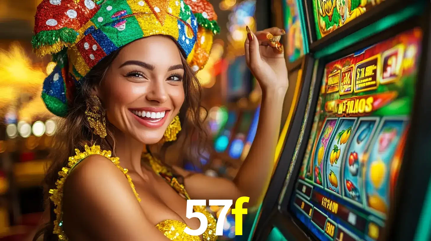 Mulher feliz com traje de carnaval amarelo e colorido ao lado de uma máquina de caça-níqueis, aproveitando a diversão e os jogos temáticos do cassino 57f.