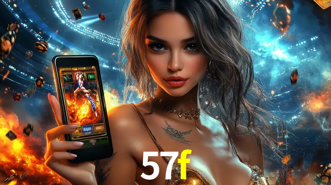 Mulher segurando um celular com um jogo de slot em destaque, tendo como fundo um estádio vibrante, simbolizando a emoção de jogar no cassino móvel 57f.