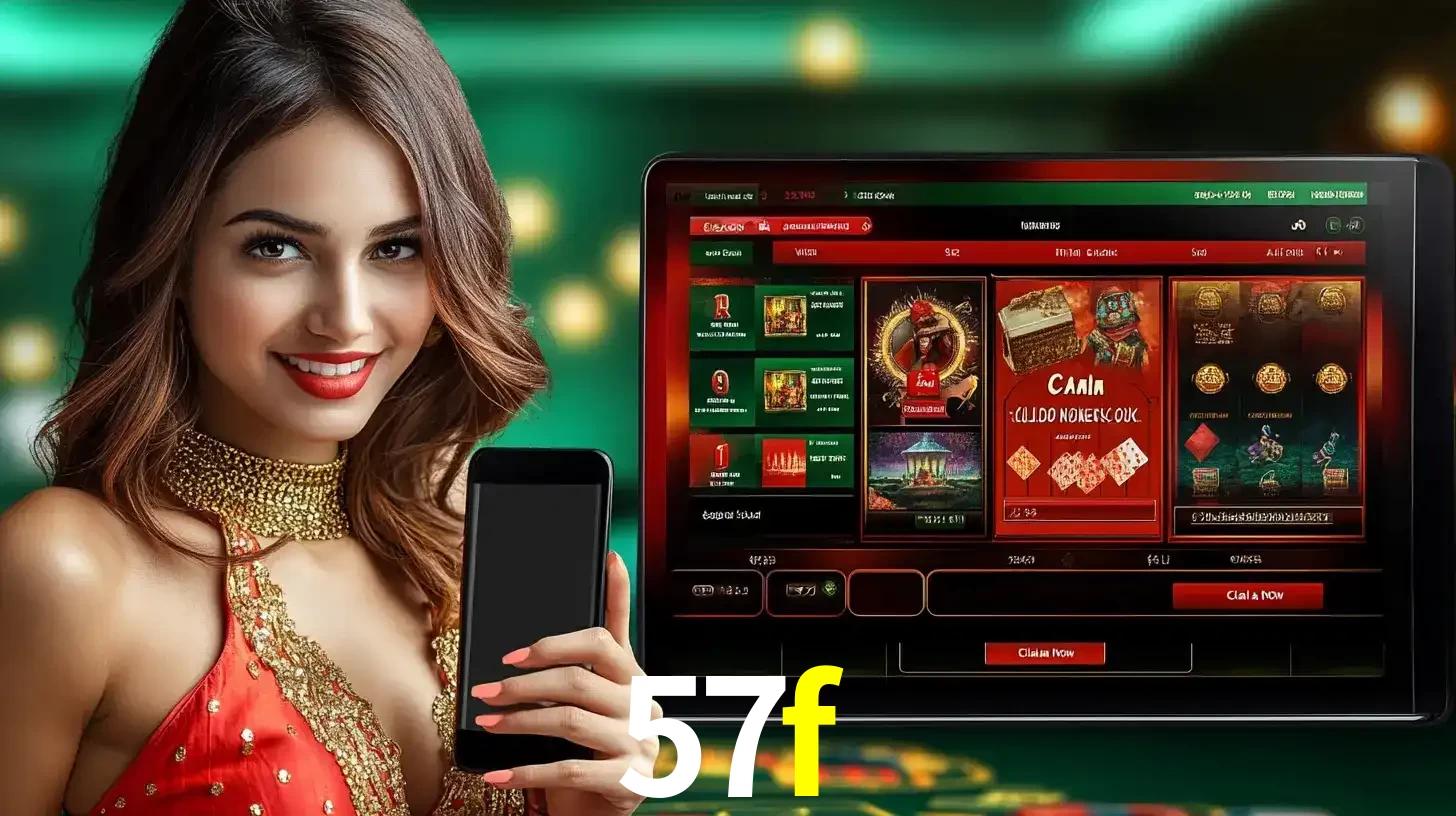 Mulher sorridente segurando um smartphone, ao lado de uma tela exibindo o lobby de jogos do cassino online 57f, com várias opções de jogos de cartas e slots.